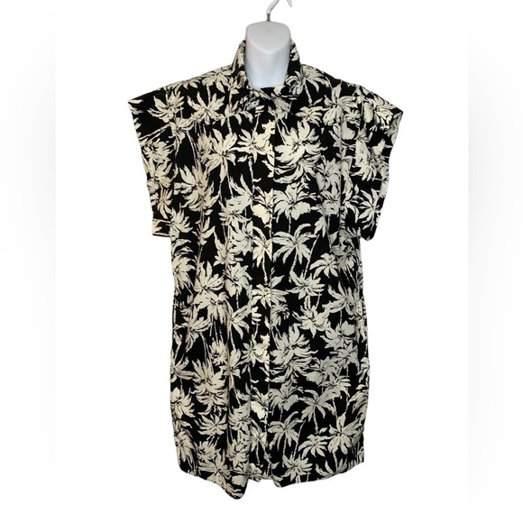 (nude) Italy Button Front Short Sleeve Tropical Black Cream Shirt Dress 44/US 8 - Picture 1 of 13